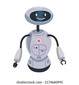 Humanoid gray robotic machine. Colorful robot characters, cyborg, electronic toy. Vector illustration for futuristic art, robotics, engineering