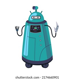 Humanoid green robotic machine. Colorful robot characters, cyborg, electronic toy. Vector illustration for futuristic art, robotics, engineering