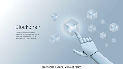 Mano humanoide tocando el icono de blockchain. Un toque futurista del dedo del robot de la IA en cubos vinculados. Ilustración vectorial limpia mínima en el fondo gris de la tecnología. Concepto Blockchain.