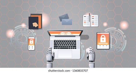 humanoid hands using digital devices cyber security network privacy data protection concept robot at workplace artificial intelligence top angle desktop view horizontal