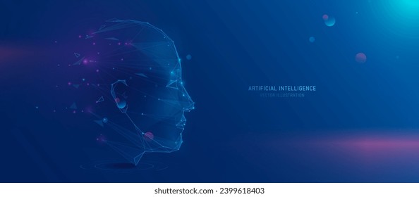 Humanoid head with neon neural network. Artificial intelligence technology. Vector illustration