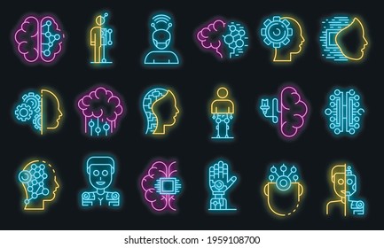 Humanoid icons set. Outline set of humanoid vector icons neon color on black
