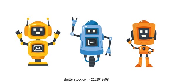 Humanoid Mini Robots and Androids, Cyborg Chatbot Characters, Toys or Bots, Artificial Intelligence Machines. Friendly Robots With Claws and Digital Glow Faces. Isolated Cartoon Vector Illustration