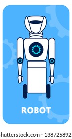 Humanoid on Wheels Flat Vector Poster Template. First Generation Robot Linear Illustration. Artificial Intelligence Creature. Autonomous Cybernetic Machine. Innovative Engineering Industry Product