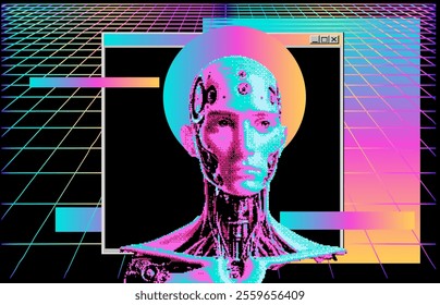 A humanoid pixel-style robot with holographic glitch art artifacts behind it.