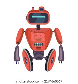Máquina robótica roja humanoide. Personajes de robots coloridos, ciborg, juguete electrónico. Ilustración vectorial para arte futurista, robótica, ingeniería