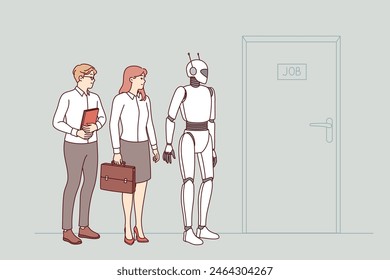 Humanoid robot with AI competes for vacancy and opportunity to get job, standing in line with people near door. Concept of danger of unemployment due to robotization of processes and AI