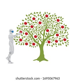 humanoid robot and apple tree, vector