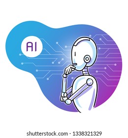 Humanoid robot with arms in thinking pose and AI sign. Artificial intelligence concept. Hand drawn cartoon sketch vector illustration, colored on modern purple background. 