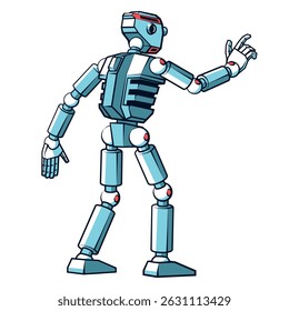 Humanoid robot with articulated joints and mechanical body parts is shown from the back, reaching forward and pressing something with its finger. Vector comics style