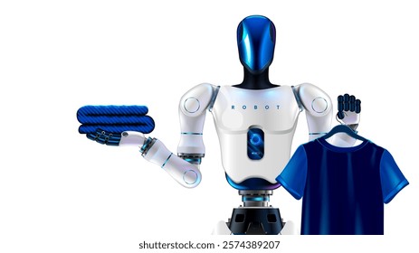 A humanoid robot with artificial intelligence or AI. A humanoid servant robot stacks laundry and hangs a T-shirt on a hanger. An anthropomorphic AI robot does housework holding clothes in his hands.