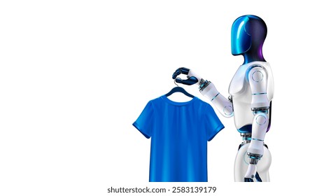 A humanoid robot with artificial intelligence or AI. A humanoid servant robot stacks laundry and hangs a T-shirt on a hanger. An anthropomorphic AI robot does housework holding clothes in his hands.