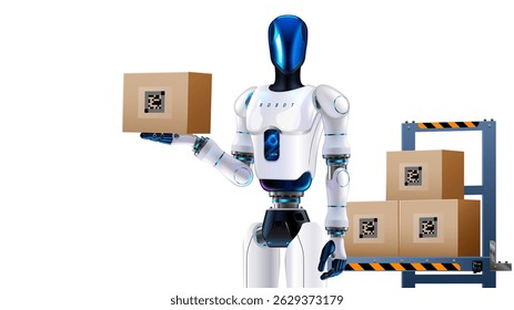 A humanoid robot with artificial intelligence or AI. An anthropomorphic robot or cyborg is sorting boxes in a warehouse. A humanoid AI robot with a box in his hands works in a logistics center.