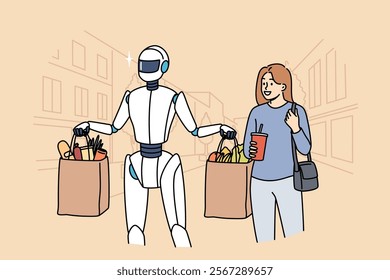 Humanoid robot assistant helps carry bags of groceries from store, walking next to woman around city. Robot assistant performing hard work to avoid overexertion and get rid of uncreative tasks