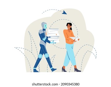 Robot humanoide que ayuda a empresario, ilustración vectorial plana aislada en fondo blanco. Automatización robótica global y tecnología de inteligencia artificial.