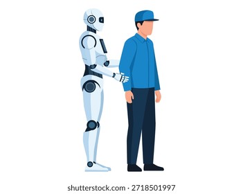 Robô humanoide auxiliando ou guiando um homem com um uniforme azul e boné. Conceito de automação, futuro do trabalho ou colaboração de robôs humanos.