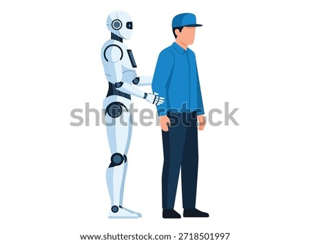 Humanoid robot assisting or guiding a man in a blue uniform and cap. Concept of automation, future of work, or human robot collaboration.