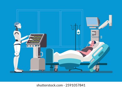 Humanoid robot assisting medical staff, monitoring patient vitals in hospital room equipped with advanced technology