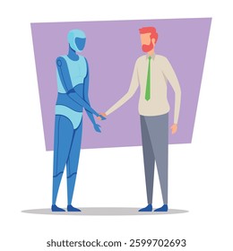 Humanoid robot with blue exterior shaking hands with man in professional attire. Technology and collaboration in contemporary environment concept