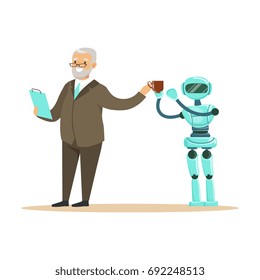 Humanoid robot bringing coffee for a smiling senior man, future technology concept vector Illustration
