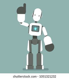 Humanoid robot with bulb icon. Cute cartoon cyborg has a good idea. Modern technology, artificial intelligence, Isolated concept flat vector illustration.