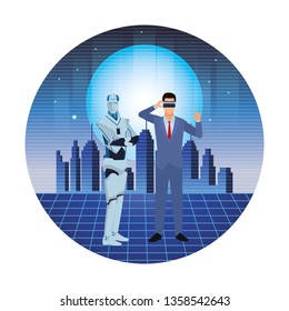 humanoid robot and businessman round icon