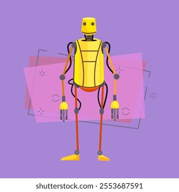 Humanoid robot cartoon illustration. Yellow cyborg with cords built to resemble human body. Robotics concept. Vector illustration can be used for topics like robotic science, engineering, computing