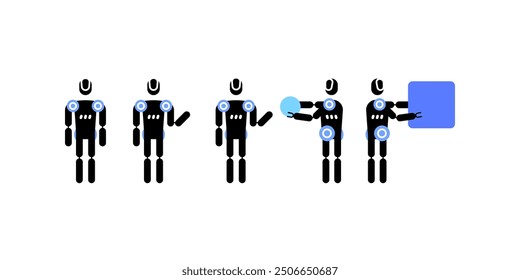 Humanoid robot character doing tasks. Artificial intelligence. Flat graphics. Vector file.