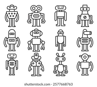 humanoid robot character line icons set