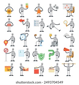 humanoid robot characters set in various poses vector illustration