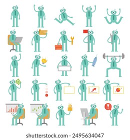 humanoid robot characters set in virous poses illustration