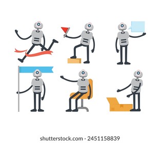 humanoid robot characters in various poses vector set