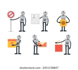 humanoid robot characters in various poses vector set