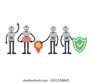 humanoid robot characters in various poses vector set
