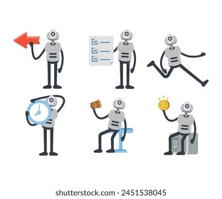 humanoid robot characters in various poses vector set