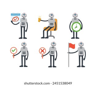 humanoid robot characters in various poses vector set