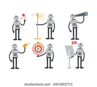 humanoid robot characters in various poses vector set