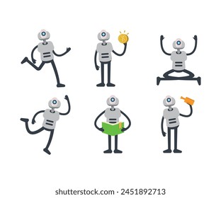 humanoid robot characters in various poses vector set