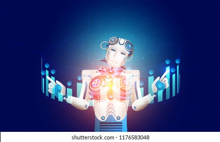 Humanoid robot  or cyborg working with hud display or virtual keyboard on digital circuit background.