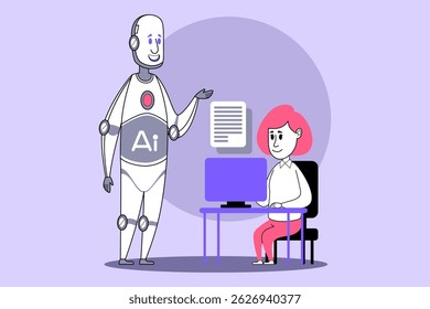 Humanoid robot with educational design interacting with student seated at desk. Enhancing learning through technology concept