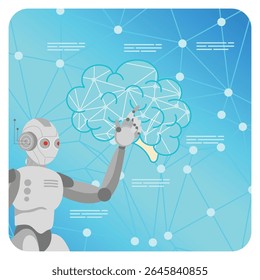 A humanoid robot engaging with a digital brain concept, symbolizing artificial intelligence, networks, and technology on a blue background. Embrace AI, Artificial Intelligence adoption concept.
