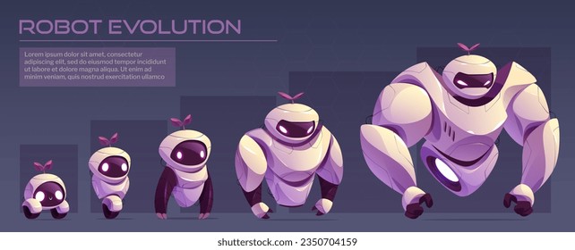 Humanoid robot evolution levels set. Vector cartoon illustration of futuristic ai character progress from wheeled mascot to strong machine with arms, led eyes on screen face. Modern tech progress