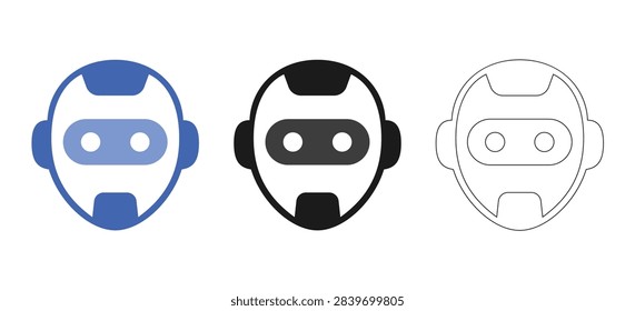 Humanoid robot face icon for artificial intelligence in color, black and outline styles.