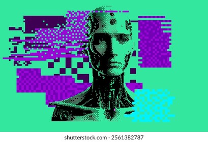 Humanoid robot face on a glitchy green background with pixel artifacts.