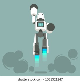 Humanoid robot flies with full battery icon. Cute cartoon cyborg takes off. Modern technology, artificial intelligence, Isolated concept flat vector illustration.