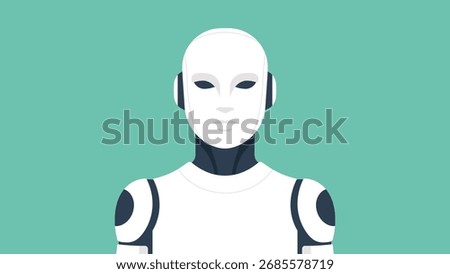 Humanoid robot front view portrait, symbol of technology, digital future, modern innovation, engineering and machine concept for society and industry, vector flat illustration
