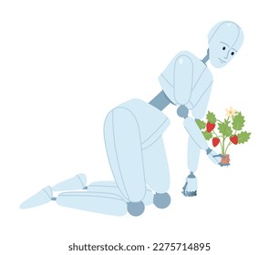 Humanoid robot gardener semi flat color vector character. AI-powered machine for horticulture. Editable figure on white. Simple cartoon style spot illustration for web graphic design and animation