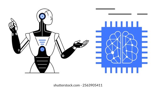 A humanoid robot gestures beside a highlighted blue microchip shaped like a brain. The image explores the connection between robotics, AI, and neuroscience. Ideal for technology, AI, robotics