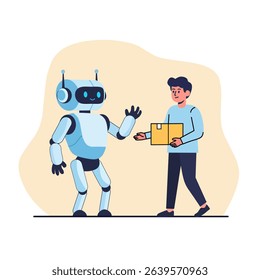 humanoid robot handing a package to a man. Perfect for topics about automation, AI delivery, robotics in logistics, or future technology and services