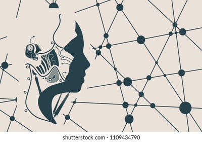 Humanoid robot head. Robotics industry relative image. Molecule and communication technology background. Connected lines with dots.